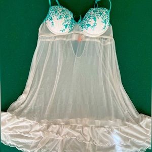 white Baby Doll BIATTA SLEEPWEAR with Turquoise Embroidery